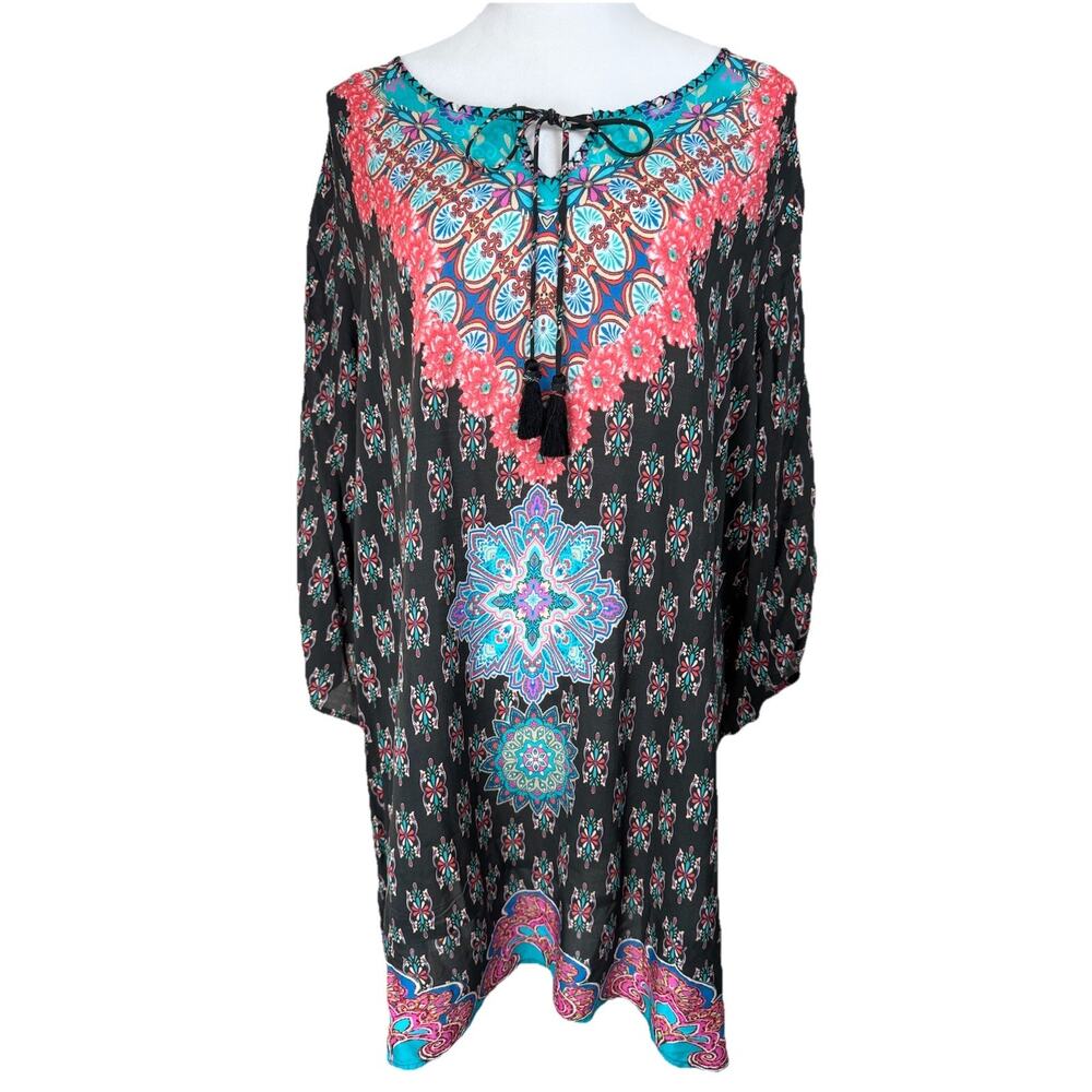 Tolani Collection Women's Tunic Dress Cover Up Sz L Black Floral Colorful Beach